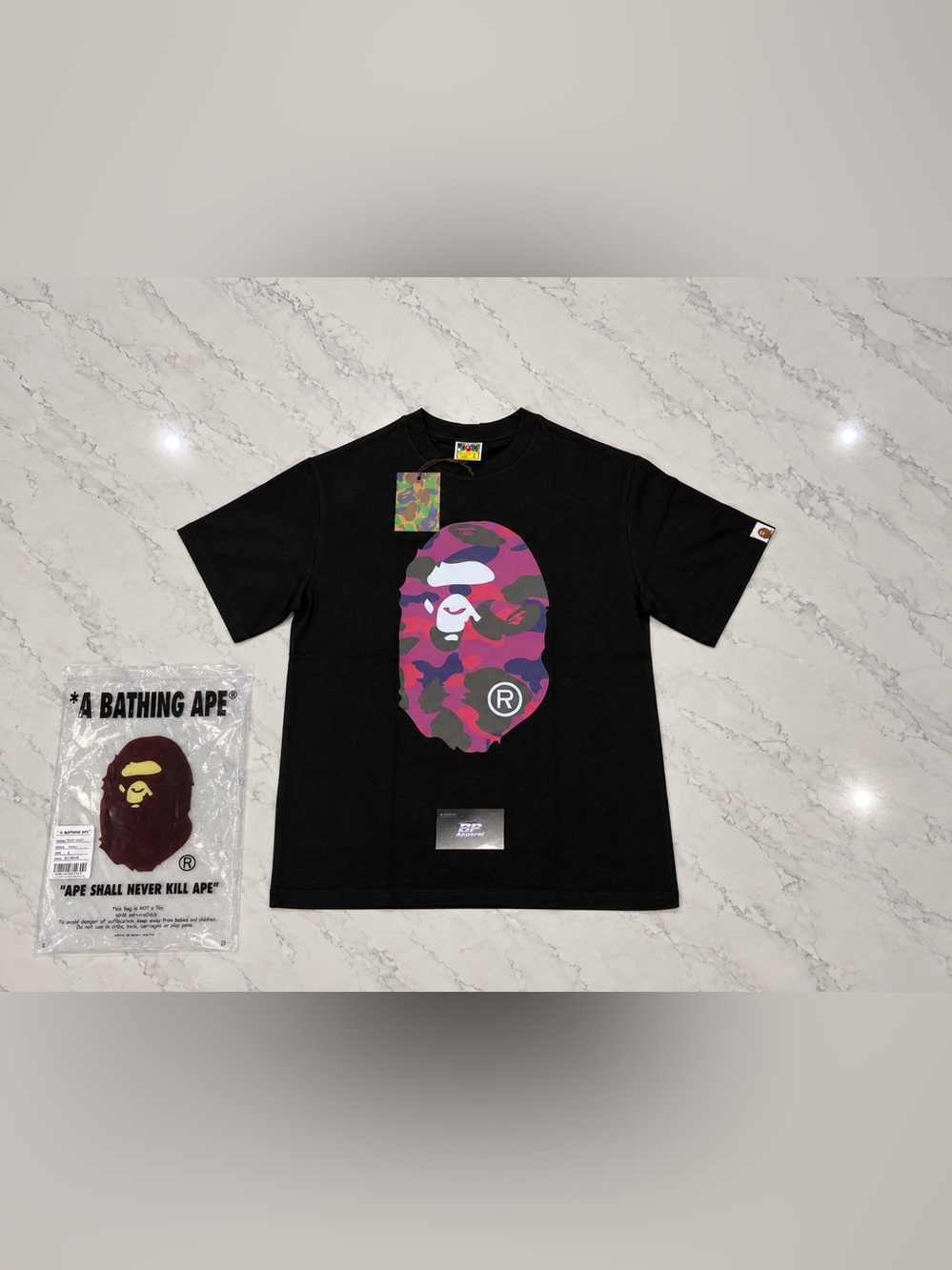 A Bathing Ape mens Black Tee with Pink Camo Ape Head
